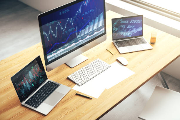 istock Modern computer monitor with abstract creative financial chart, research and strategy concept. 3D Rendering 1488300928