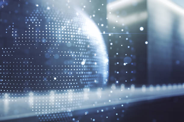 istock Multi exposure of abstract graphic world map on blurry contemporary office building background, big data and networking concept 1488300946