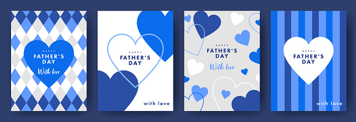 Happy Fathers Day set of simple gift cards, greeting cards, labels, banners or backgrounds with heart frame and pattern in modern flat style for decor, greetings, packaging, print, web, promo, sale