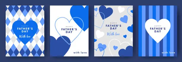 Vector illustration of Happy Fathers Day set of simple gift cards, greeting cards, labels, banners or backgrounds with heart frame and pattern in modern flat style for decor, greetings, packaging, print, web, promo, sale