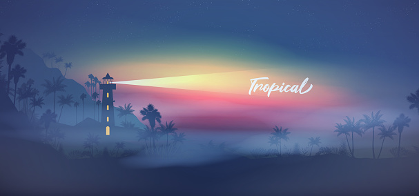 Tropical beach sunset background with lighthouse