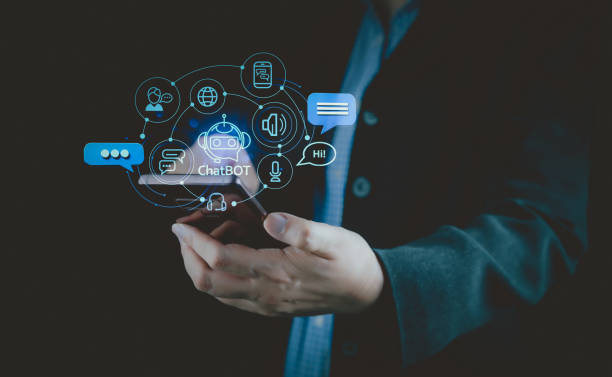 Businessman using chatbot in smartphone. Chat with AI Artificial Intelligence. Futuristic technology, robot in online system. Database smart bot. Virtual software assistant, conversation message tech.