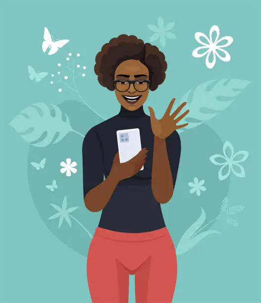 Vector illustration of Selfie photo of a beautiful African American Woman. Young woman is taking a selfie. Maintaining social networks.