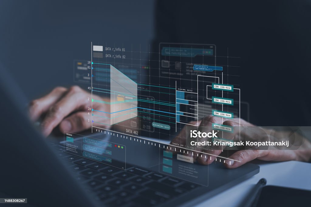 Engineer Working With Database For Digital Data Design Or Cyberspace ...