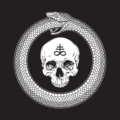 Ouroboros or uroboros serpent snake consuming its own tail and human skull with alchemical symbol of sulphur. Tattoo, poster or print design vector illustration.