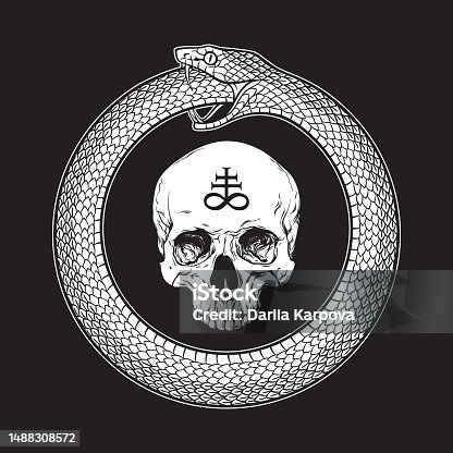 istock Ouroboros or uroboros serpent snake consuming its own tail and human skull with alchemical symbol of sulphur. Tattoo, poster or print design vector illustration 1488308572
