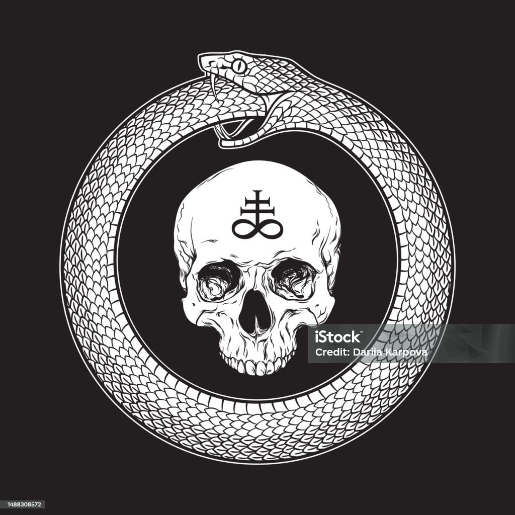 Ouroboros or uroboros serpent snake consuming its own tail and human skull with alchemical symbol of sulphur. Tattoo, poster or print design vector illustration Ouroboros or uroboros serpent snake consuming its own tail and human skull with alchemical symbol of sulphur. Tattoo, poster or print design vector illustration. Ouroboros Symbol stock vector