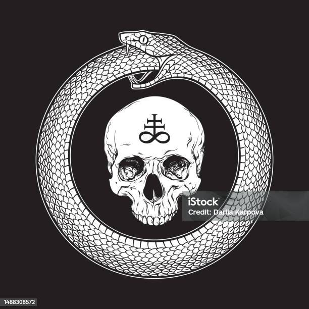 Ouroboros Or Uroboros Serpent Snake Consuming Its Own Tail And Human Skull With Alchemical Symbol Of Sulphur Tattoo Poster Or Print Design Vector Illustration Stock Illustration - Download Image Now