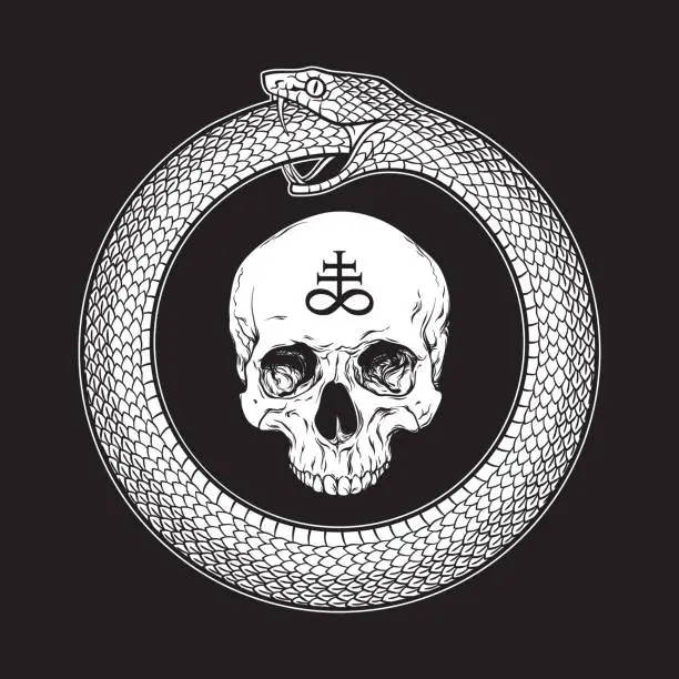 Vector illustration of Ouroboros or uroboros serpent snake consuming its own tail and human skull with alchemical symbol of sulphur. Tattoo, poster or print design vector illustration