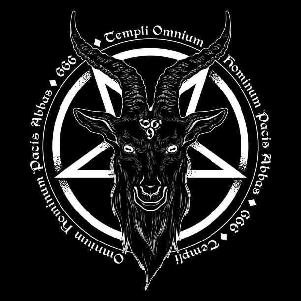 baphomet demon kozła głowa ręcznie rysowany lub blackwork flash tattoo art design vector illustration. łacińskie tłumaczenie inskrypcji - ojciec świątyni pokoju wszystkich ludzi. - pentangle stock illustrations