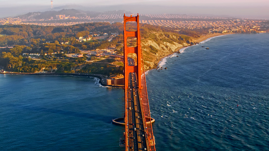 Aerial view of tower of Golden Gate Bridge in San Francisco, California, USA.