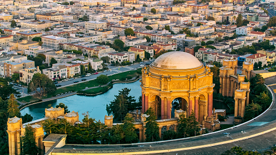 Aerial View of Palace of Fine Arts during sunset in San Francisco, California, USA.