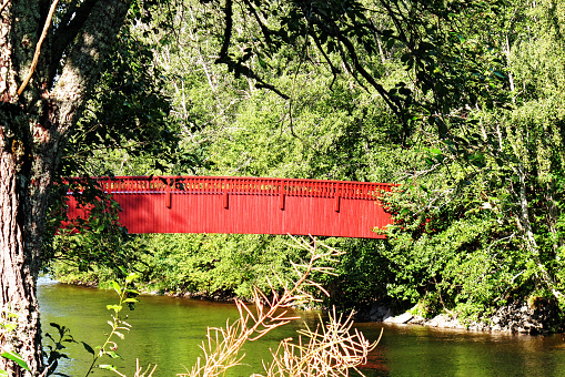 red bridge over small river in Umea