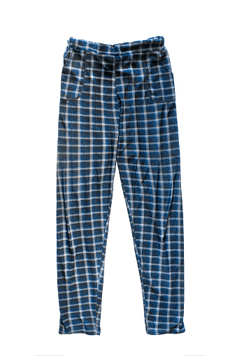 Blue plaid pajama pants isolated on white background