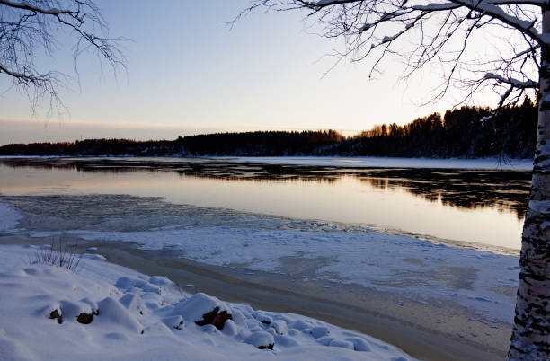 istock sunset at beautiful Ume river in winter, light backlight and bare birches 1488312110