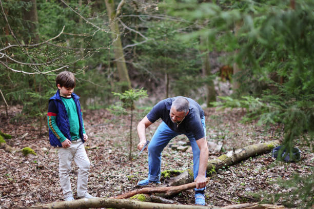 istock dad learn son how to chopping firewood in the forest. Dad and son work together 1488312165