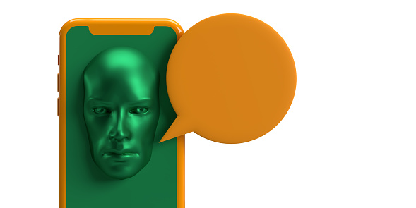 AI Chatbot usage concept: 3D head design computer program to simulate conversation through text or voice interactions on smartphone device screen to assist people in everyday lives with tasks, organize and get information. AI chat robot understand and respond to user input in a human-like manner. Technology background, copy space and clipping path.