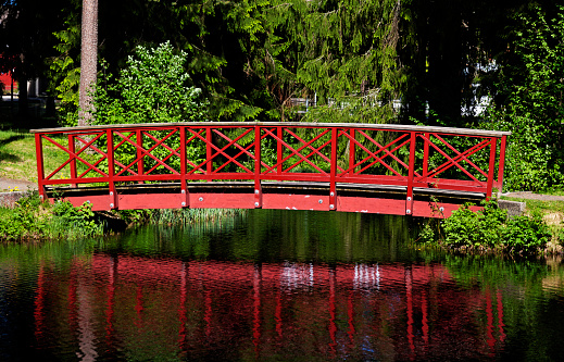 small red footbridge in forest park with watercourses