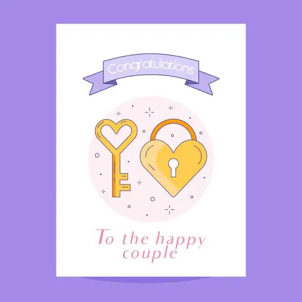 Vector illustration of Happy Wedding Greeting Card with Lock and Key