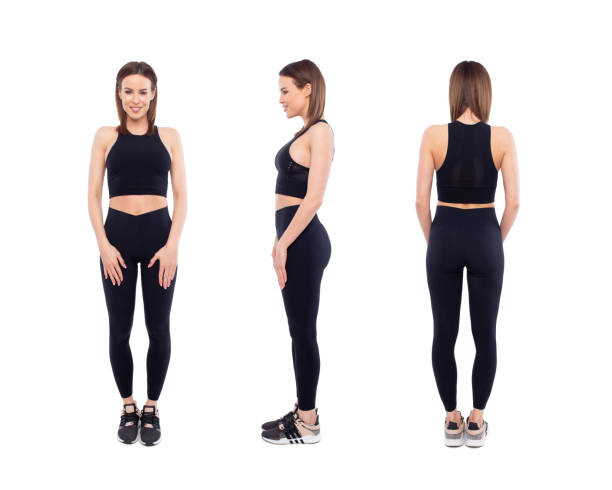 istock Young woman in sportswear standing front, side, back view, isolated on white 1488315545
