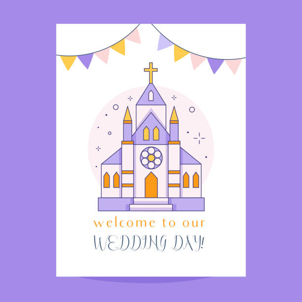 Welcome to Our Wedding Day Card in Line Art Wedding invitation card with calendar line drawing. Welcome to wedding day postcard design with romantic chapel and text line art illustration. chapel illustrations stock illustrations