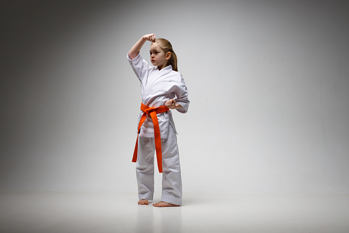 Little girl does a block at karate training.