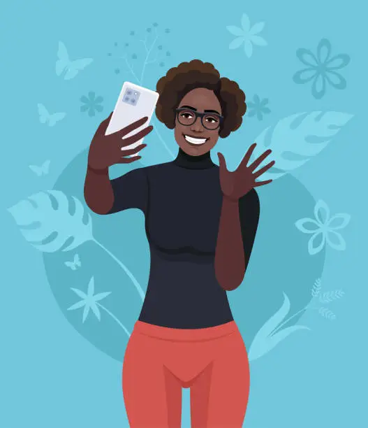 Vector illustration of 1 Femeie Selfie 5Selfie photo of a beautiful African American Woman. Young woman is taking a selfie. Maintaining social networks.