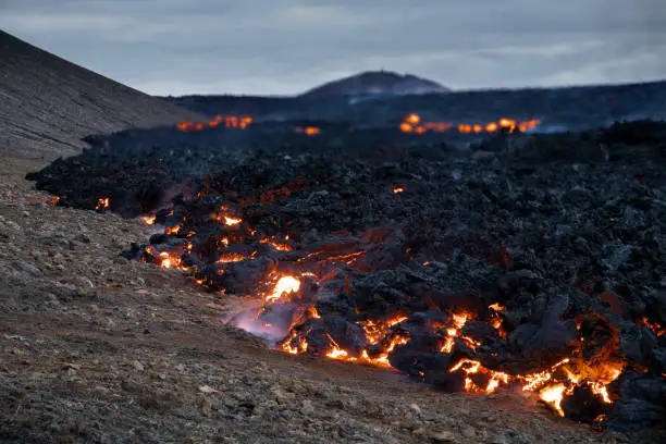 A magnificent lava flow during famous Fagradalsfjall volcano eruption in Reykjanes Peninsula in Iceland