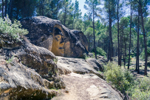 SCULPTURE OF A FACE INTRODUCED INSIDE THE ROCK IN THE FOREST