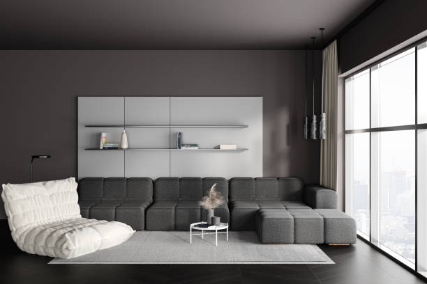 istock Front view on dark living room interior with panoramic window 1488319638