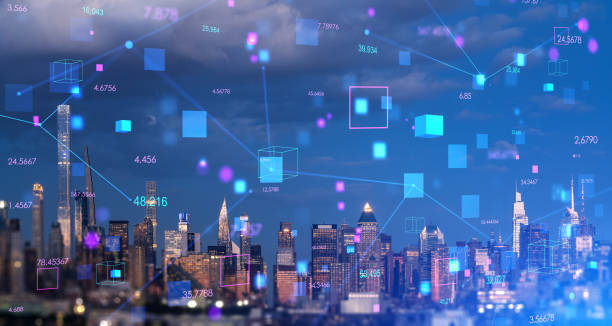 istock New York cityscape, data blocks and DMS in metavere, information fields 1488320014