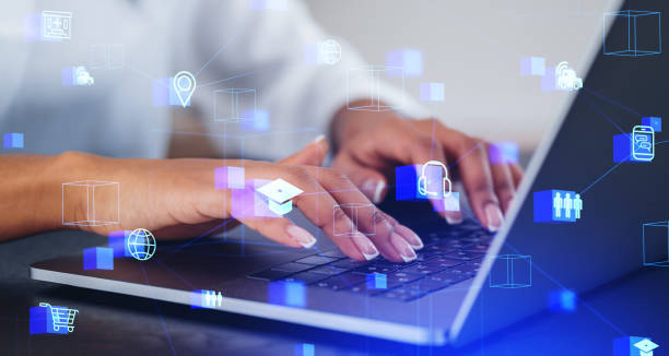 istock Woman fingers typing on laptop, IOT and digital devices connection 1488320046