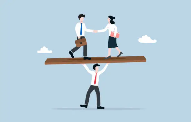 Vector illustration of Business negotiation, mediation process, mutually beneficial resolution, communication and interpersonal skills concept, Businessman trying to balance negotiation partners on seesaw.
