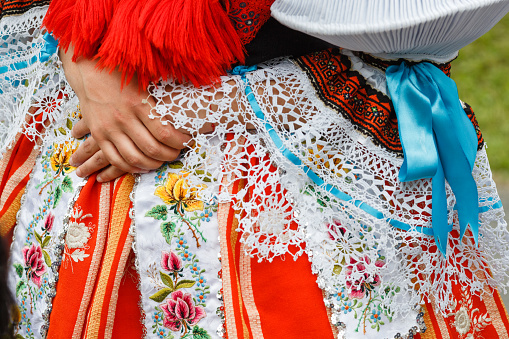 Details of costumes during traditional Moravian the Ride of the Kings festival in Vlcnov, South Moravia, Czech Republic.