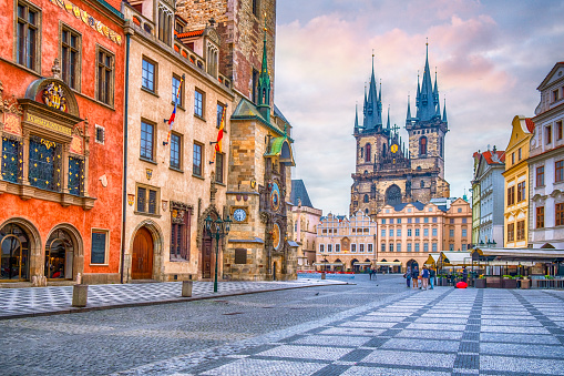 Historic Town Hall and Church of Our Lady before Týn in old town square of Prague, Czech Republic