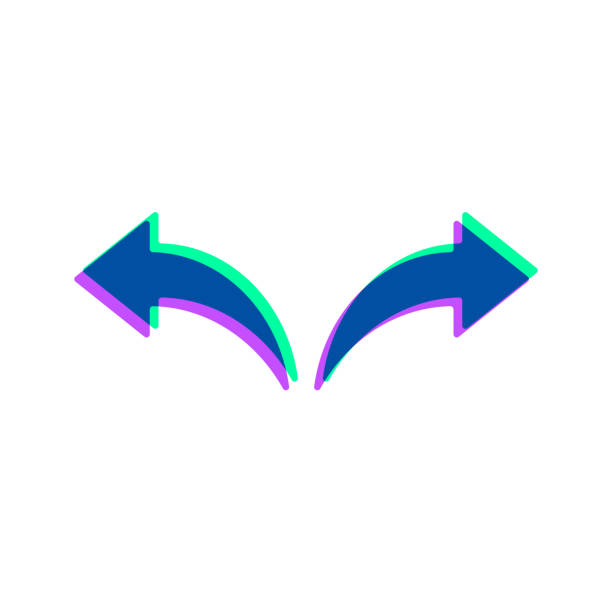 Left and right arrow. Icon with two color overlay on white background Icon of "Left and right arrow" in trendy colorful style on blank background. Purple and green are overlapped to create a modern visual effect, looking like anaglyph images. The combination of purple and green in this illustration creates a predominantly dark blue icon. Vector Illustration (EPS file, well layered and grouped). Easy to edit, manipulate, resize or colorize. Vector and Jpeg file of different sizes. undo key stock illustrations