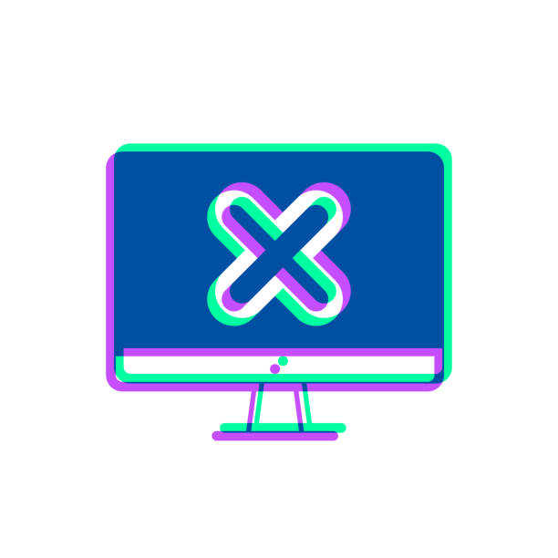 ilustrações de stock, clip art, desenhos animados e ícones de desktop computer with cross mark. icon with two color overlay on white background - check mark digital composite blue computer icon