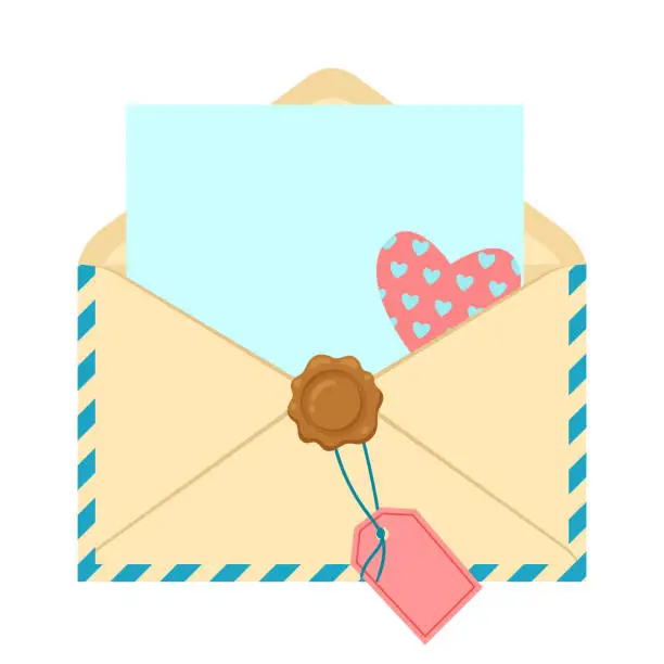 Vector illustration of Letter in envelope. Romantic template with decor.