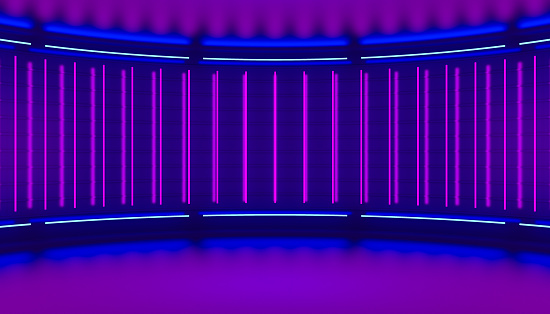 Ultraviolet minimalistic abstract 3d background. Neon light from lamps on the walls of the circular stage.