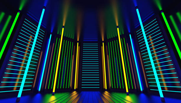 istock Neon glow party room abstract background. Night club interior. Glowing wall panels. 1488322441