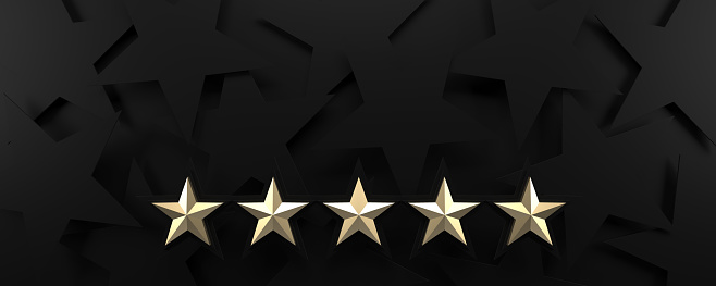 Five gold stars rating black background. 3d render.