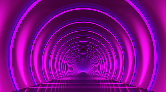 Round tunnel podium abstract background. Violet light reflection stage.