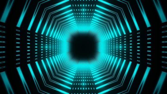 VJ background. Featuring an abstract technology tunnel illuminated by neon lights, it creates a stunning sci-fi ambiance.