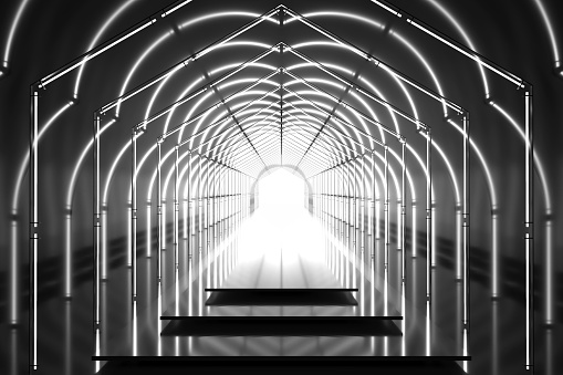 Dark tunnel glossy podium. Abstract background. Light reflection stage. Geometric neon lights. 3D illustration