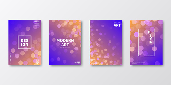 Set of four vertical brochure templates with modern and trendy backgrounds, isolated on blank background. Abstract illustrations with defocused lights and a bokeh effect. Beautiful color gradient (colors used: Yellow, Orange, Pink, Purple, Blue). Can be used for different designs, such as brochure, cover design, magazine, business annual report, flyer, leaflet, presentations... Template for your own design, with space for your text. The layers are named to facilitate your customization. Vector Illustration (EPS file, well layered and grouped). Easy to edit, manipulate, resize or colorize. Vector and Jpeg file of different sizes.