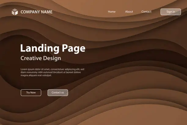 Vector illustration of Landing page Template - Brown abstract wave shapes - Trendy 3D design