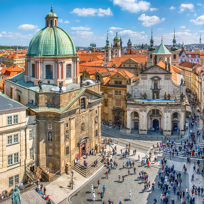 High angle view of the dome of church of St. Francis of Assisi and other historical buildings in Prague, Czech Republic