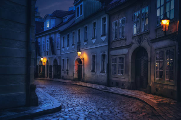 Dark Alley in Old Medieval Town of Prague stock photo