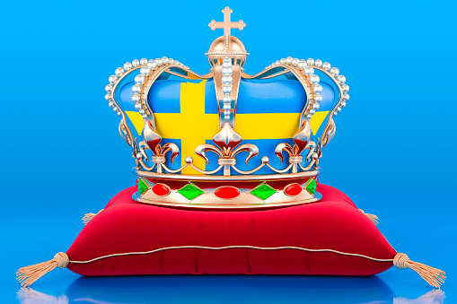 Royal golden crown on pillow with the Kingdom of Sweden flag, 3D rendering isolated on blue background