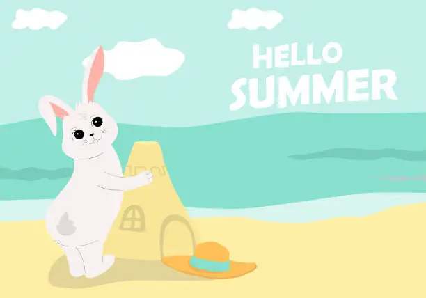 Vector illustration of Rabbit builds a sand castle